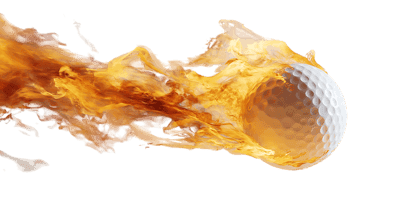 Golf ball engulfed in flames symbolizing power and speed