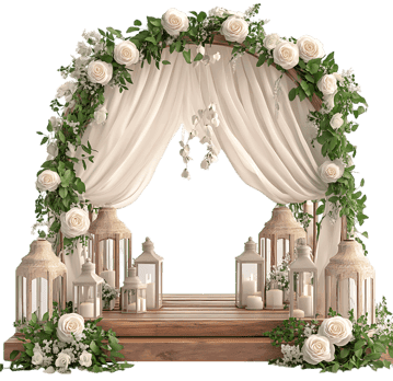Elegant wedding ceremony setup with floral arch and candles.