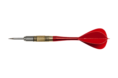 Close up of a single red dart isolated on black.