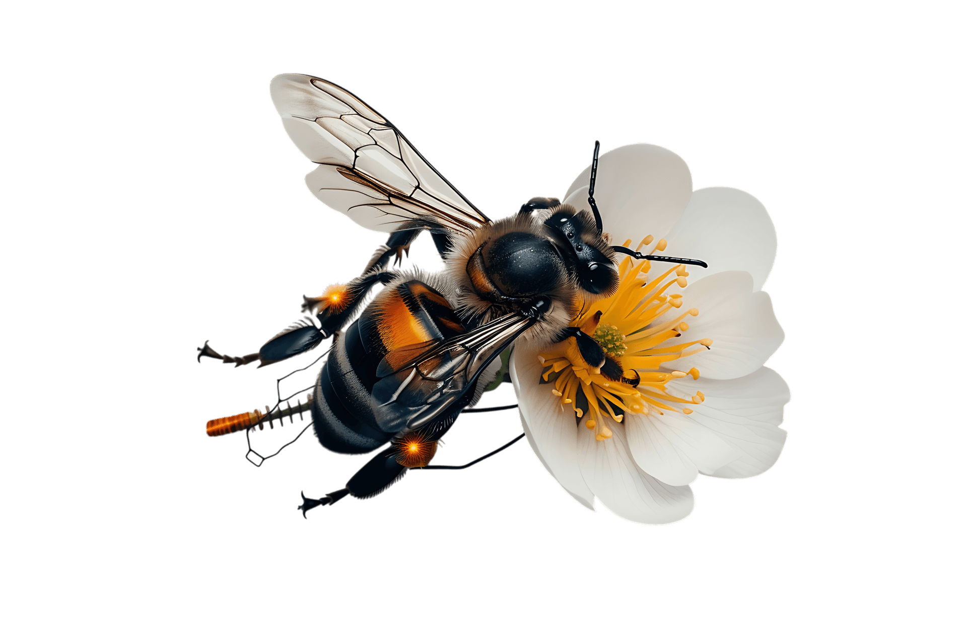 Close up of a bee pollinating a white flower.