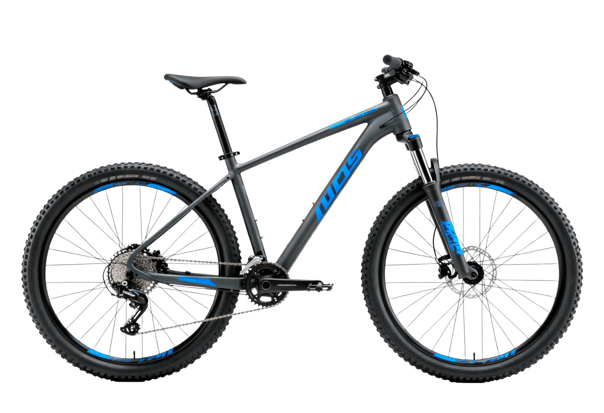 Gray and blue mountain bike for outdoor recreation and exercise