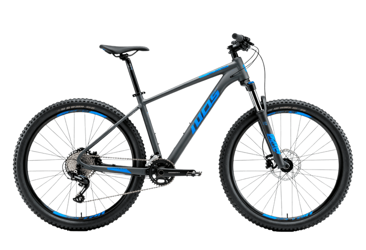 Gray and blue mountain bike for outdoor recreation and exercise