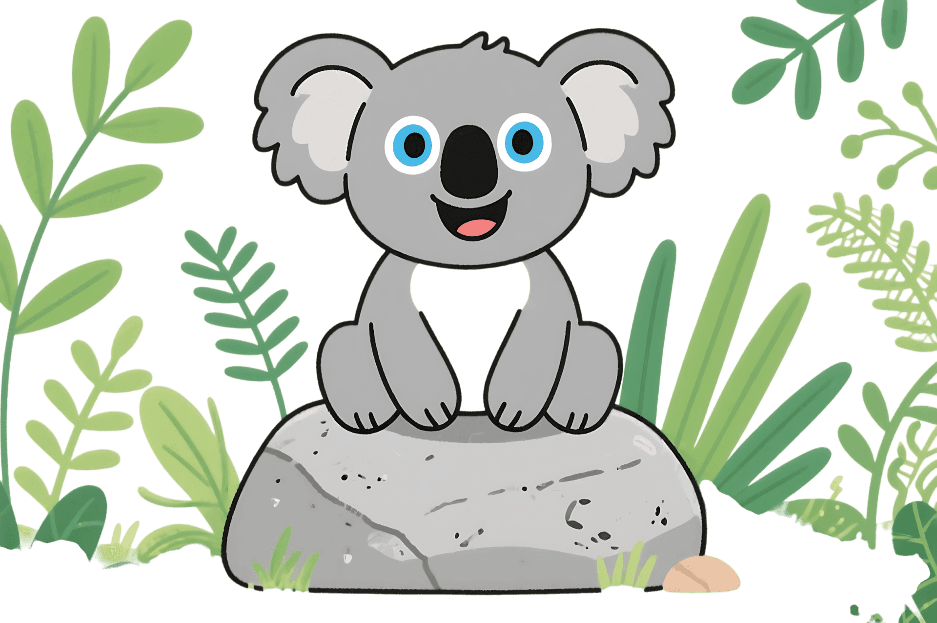 Cartoon koala on rock surrounded by foliage