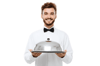 Smiling waiter holding a silver food cloche.