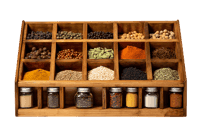 Wooden spice rack filled with colorful spices and herbs.