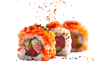 Delicious sushi rolls topped with orange fish eggs.