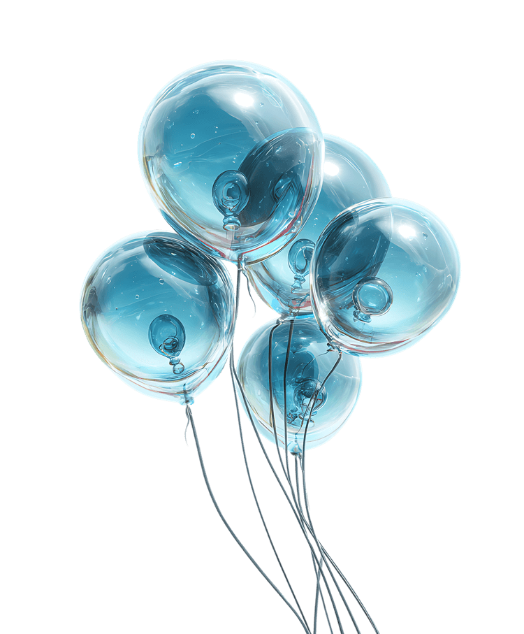 Five translucent blue balloons float.