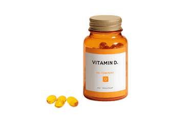 Amber bottle of Vitamin D3 capsules. Health supplement.