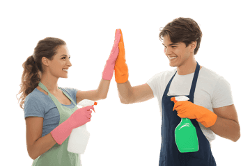 Happy cleaning team giving high five after a job well done.