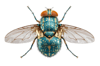 Close up of a vibrant green and orange fly.