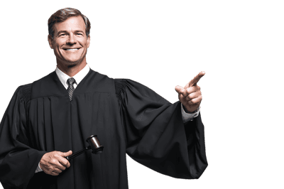 Judge with gavel, pointing right, makes a legal decision.