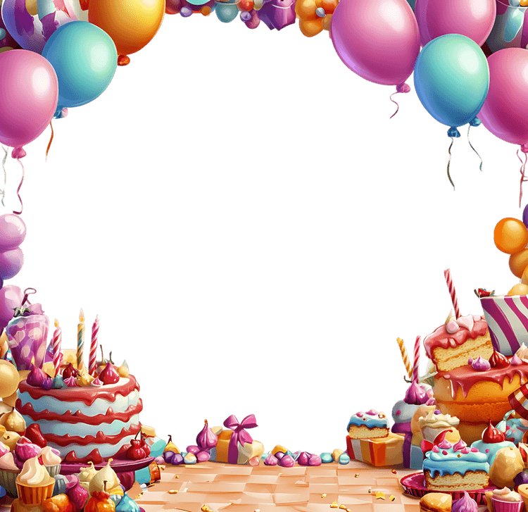 Colorful birthday frame with cake, sweets, and balloons.