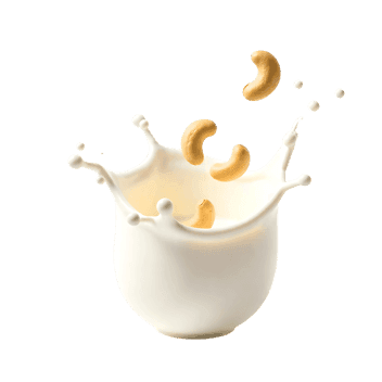 Cashews splashing into fresh milk, vegan dairy alternative
