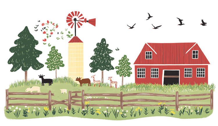 Charming countryside scene with barn, animals, and trees.