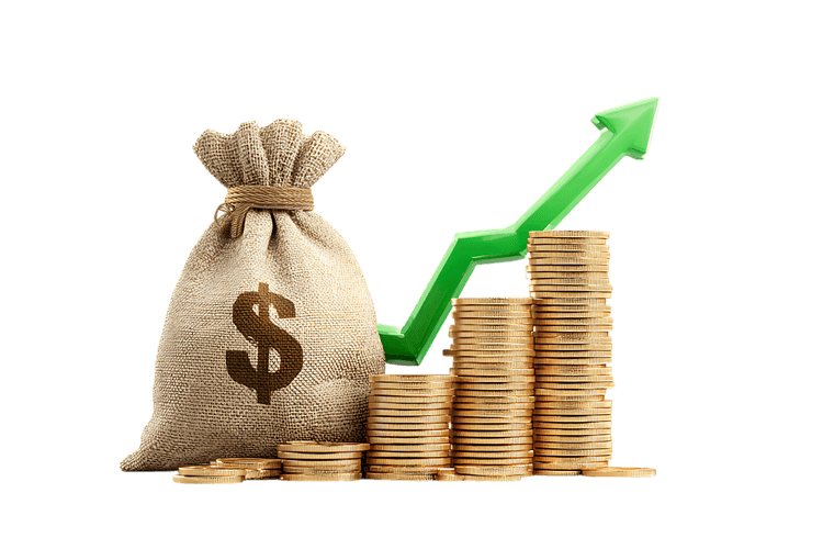 Money bag, coins, and upward arrow. Financial growth concept.