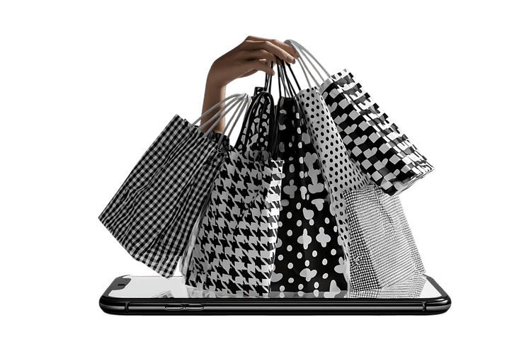 Shopping bags emerging from a smartphone screen.