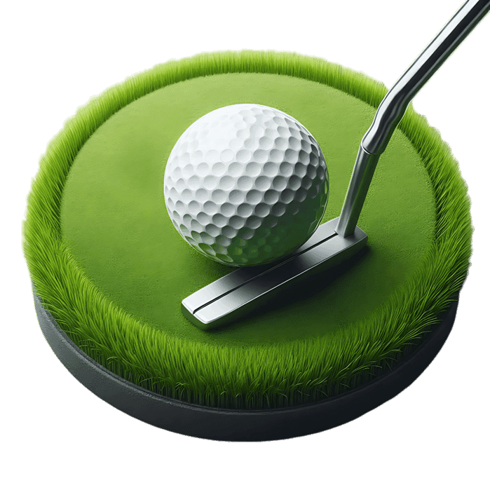 Golf ball and putter on putting green728.
