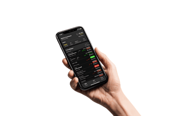 Hand holding smartphone displaying stock market data.
