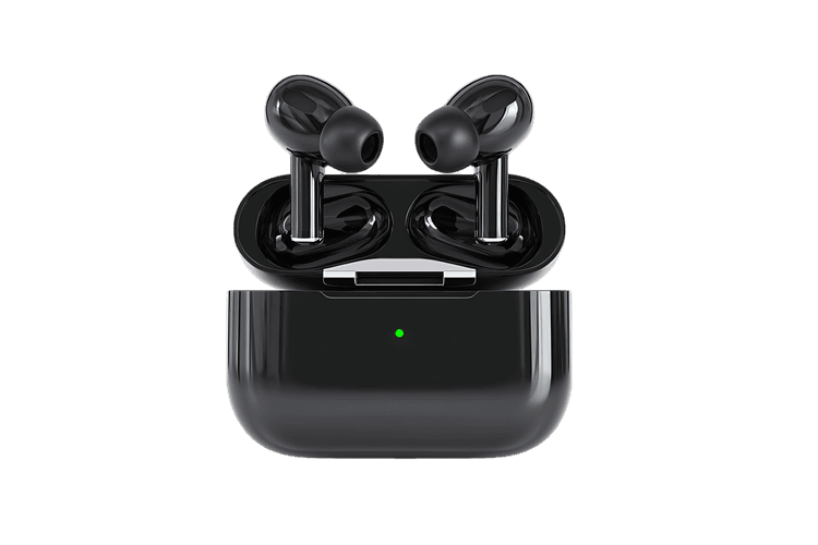 Stylish black wireless earbuds in their charging case.  Perfect for music and calls.