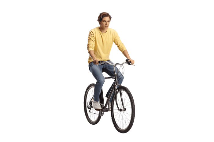 Young man riding a bicycle isolated on transparent background