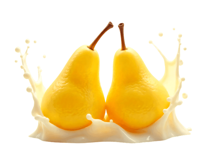 Two ripe yellow pears creating a splash in milk, vibrant fruit and liquid motion photography