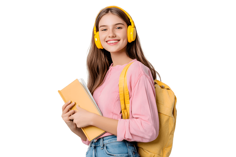 Happy student with headphones, books and backpack