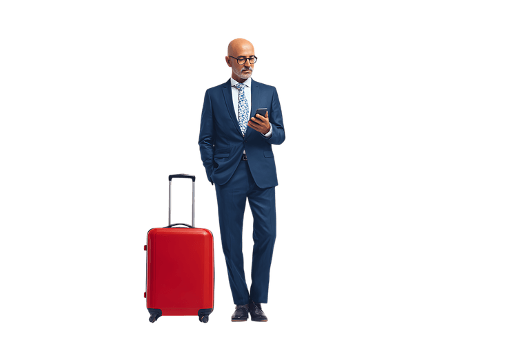 Businessman with luggage using smartphone.