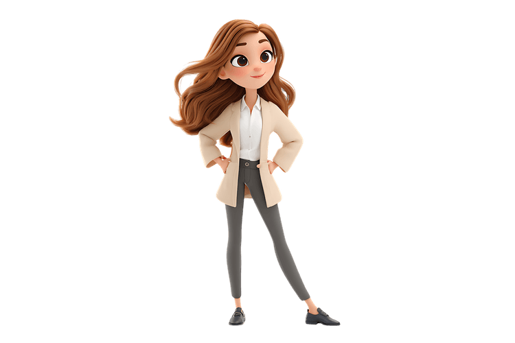 Animated businesswoman in a business suit, smiling and confident