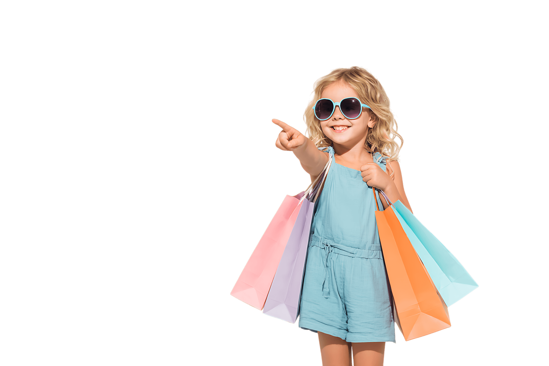Smiling child with shopping bags, pointing towards something.
