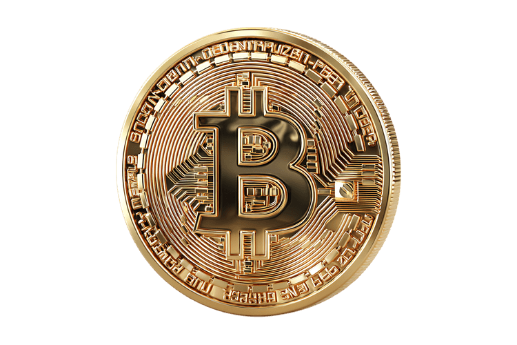 Close up of a gold Bitcoin cryptocurrency coin.