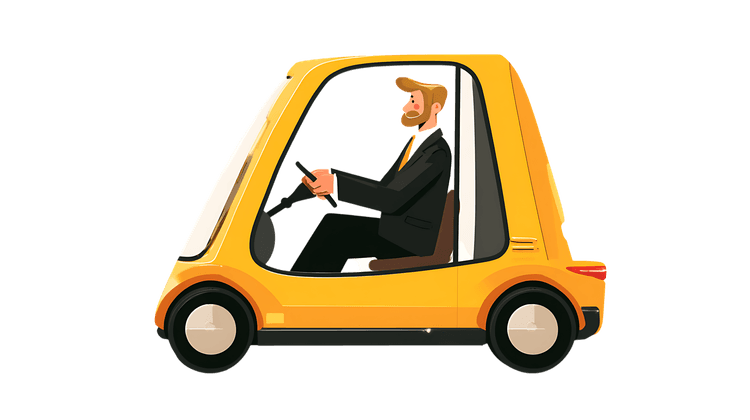 Man driving small yellow car cartoon