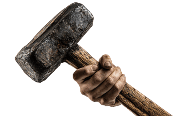 Close up of a hand holding a heavy sledgehammer.