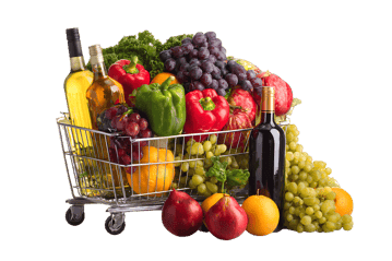 Fresh fruits, vegetables, and wine in a shopping cart.