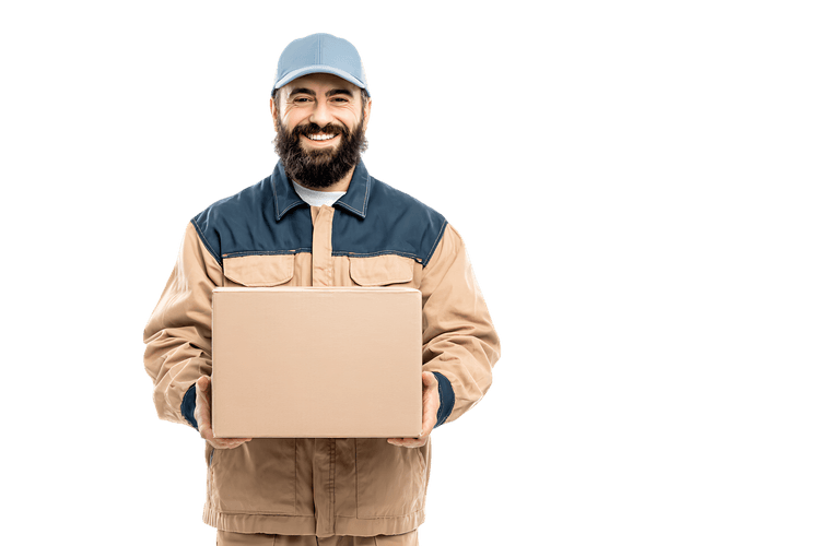 Happy delivery man holding a package