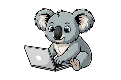 Cartoon koala working on laptop