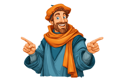 Cartoon man pointing with both hands, cheerful expression