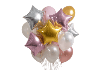 Star-shaped balloons in pink, gold, and silver.
