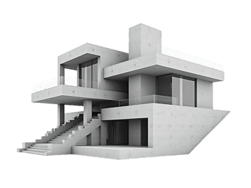 Modern concrete house with large windows and staircase