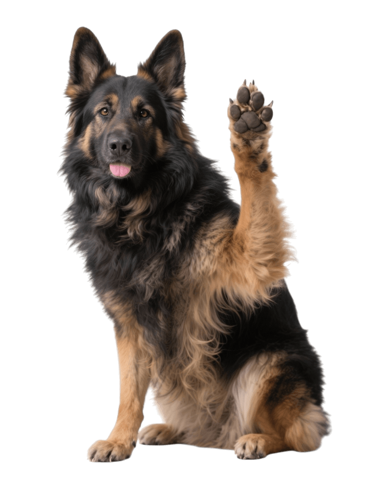 German shepherd dog raising its paw on transparent background