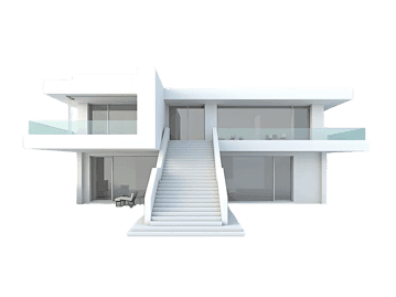 Modern white house with glass balconies and stairs