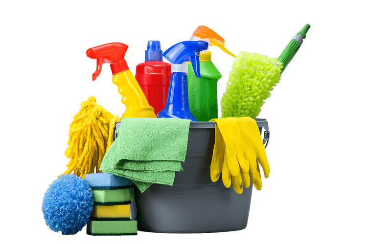 Cleaning supplies in a bucket. Cleaning, hygiene, home.