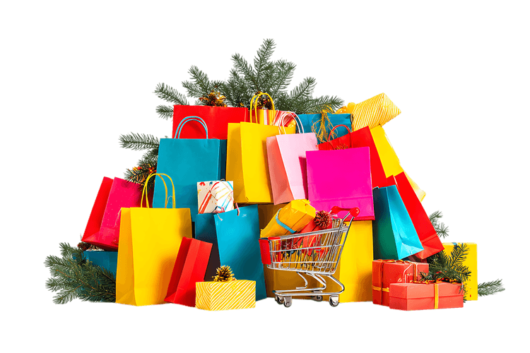 Colorful shopping bags and gifts with a small shopping cart.