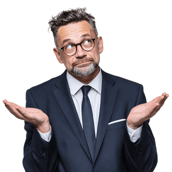 Unsure businessman shrugs, showing doubt and indecision.