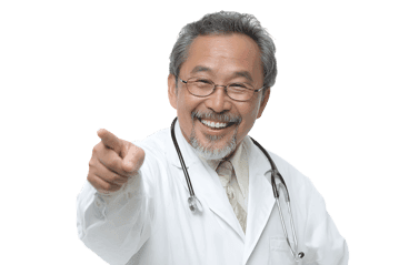 Smiling doctor points at you747.