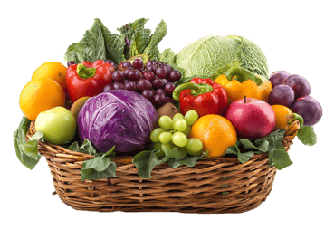 Fresh fruits and vegetables in a wicker basket transparent
