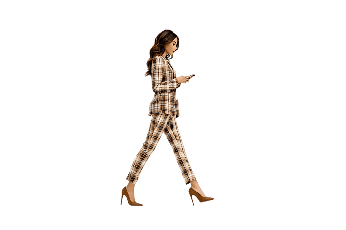 Side view of a businesswoman walking while using her phone.