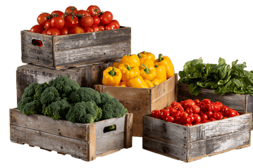 Fresh vegetables in rustic wooden crates.