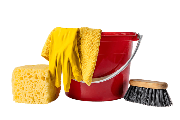Red bucket, yellow gloves, sponge, and brush. Cleaning supplies concept.
