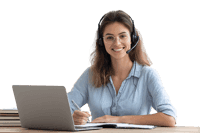 Happy woman working from home, providing excellent customer support.