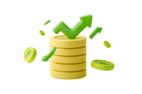 3D illustration of a stack of coins with upward pointing arrows, symbolizing financial growth and success.